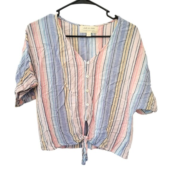 Cloth & Stone Pastel Multicolor Stripe Button Front Tie Front Top Size XS - Picture 1 of 5